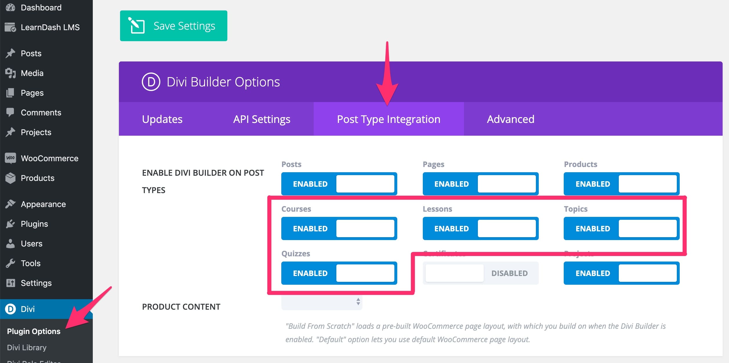 Enable LearnDash post types in Divi