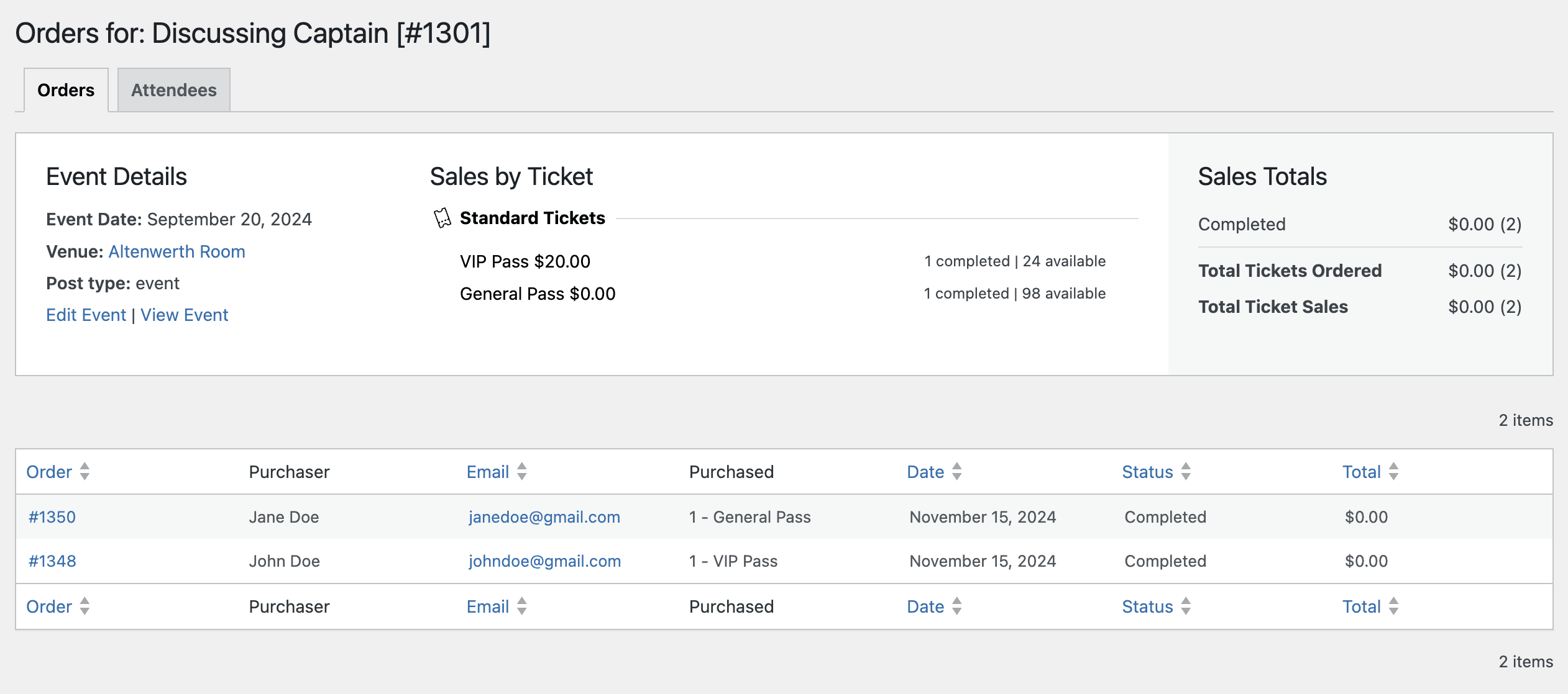 Event orders tracking page