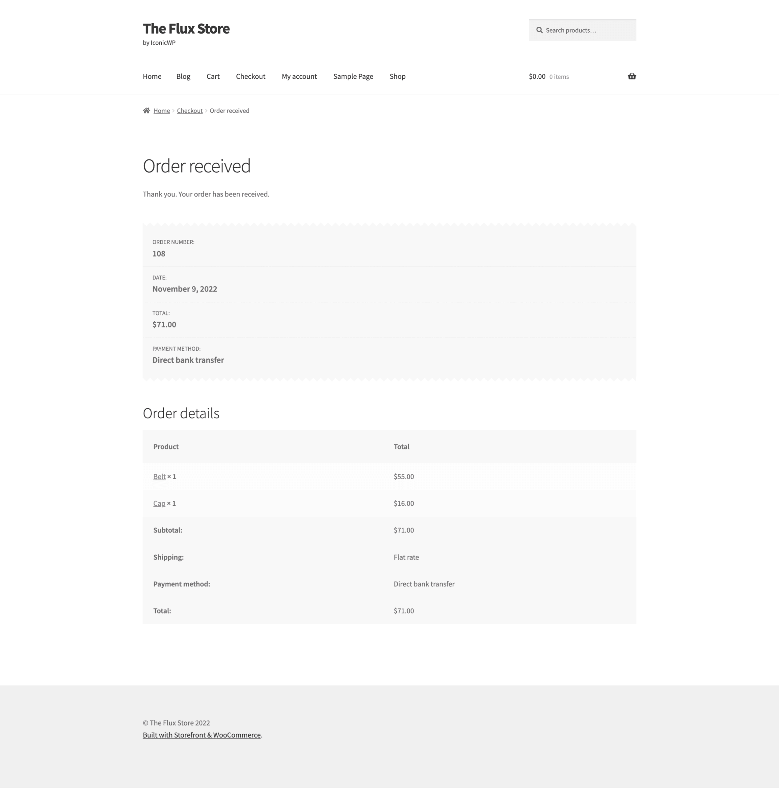 default woocommerce thank you page