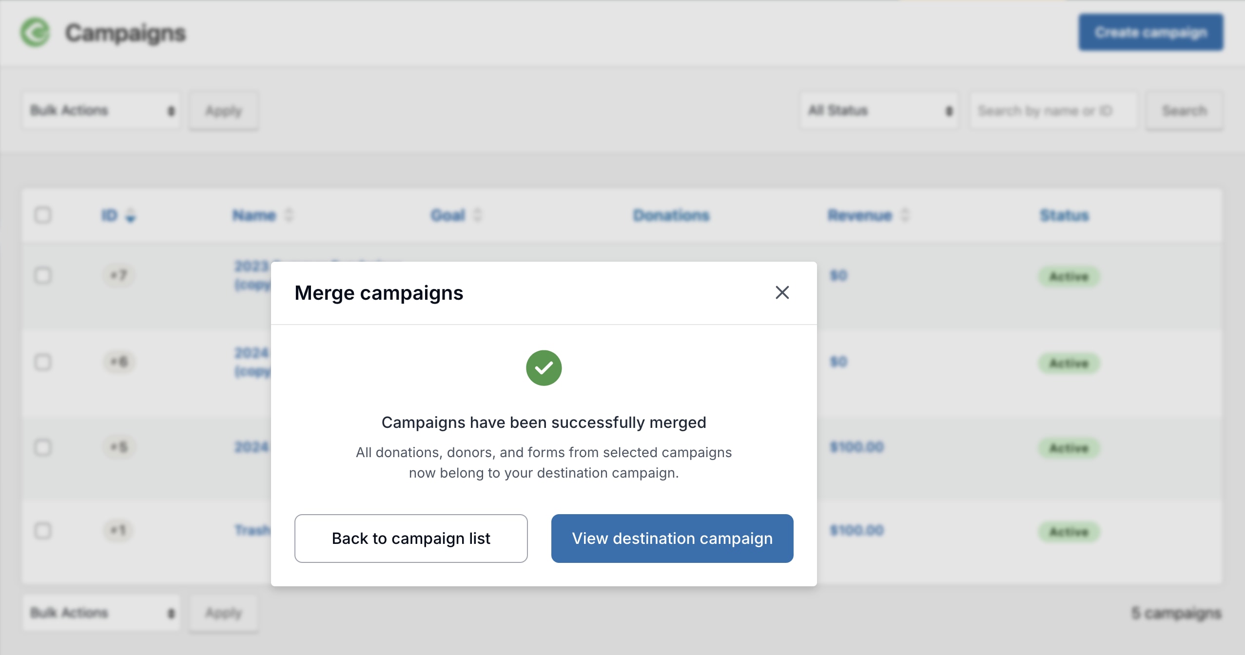 Merge campaigns message notifying that the campaigns have been successfully merge.