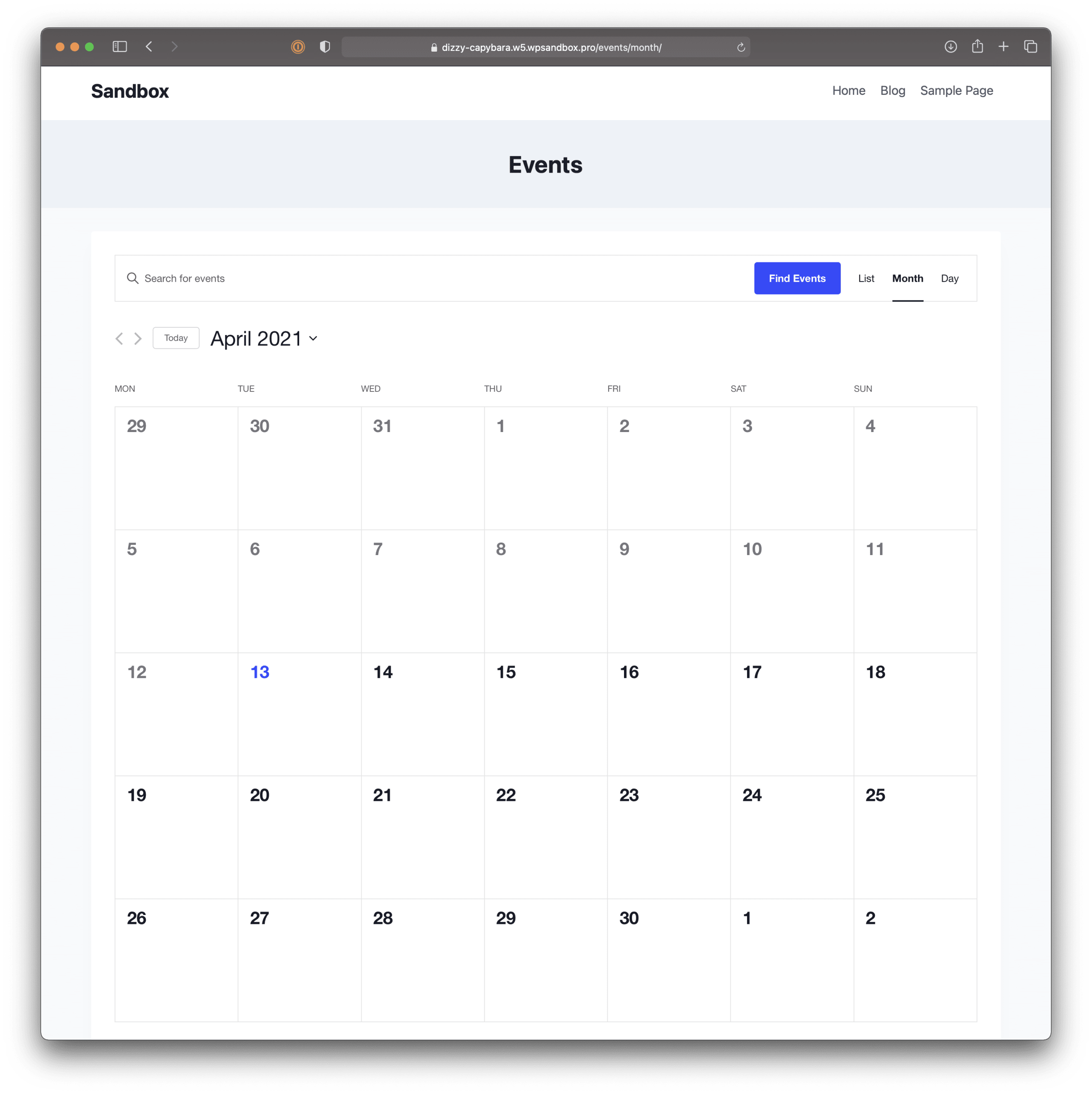 The default month view as viewed with the Kadence theme activated. The header has a simple horizontal navigation to the left followed by a light blue container with the word Events as the page title. Below that is the calendar view for April 2021 against a white background.