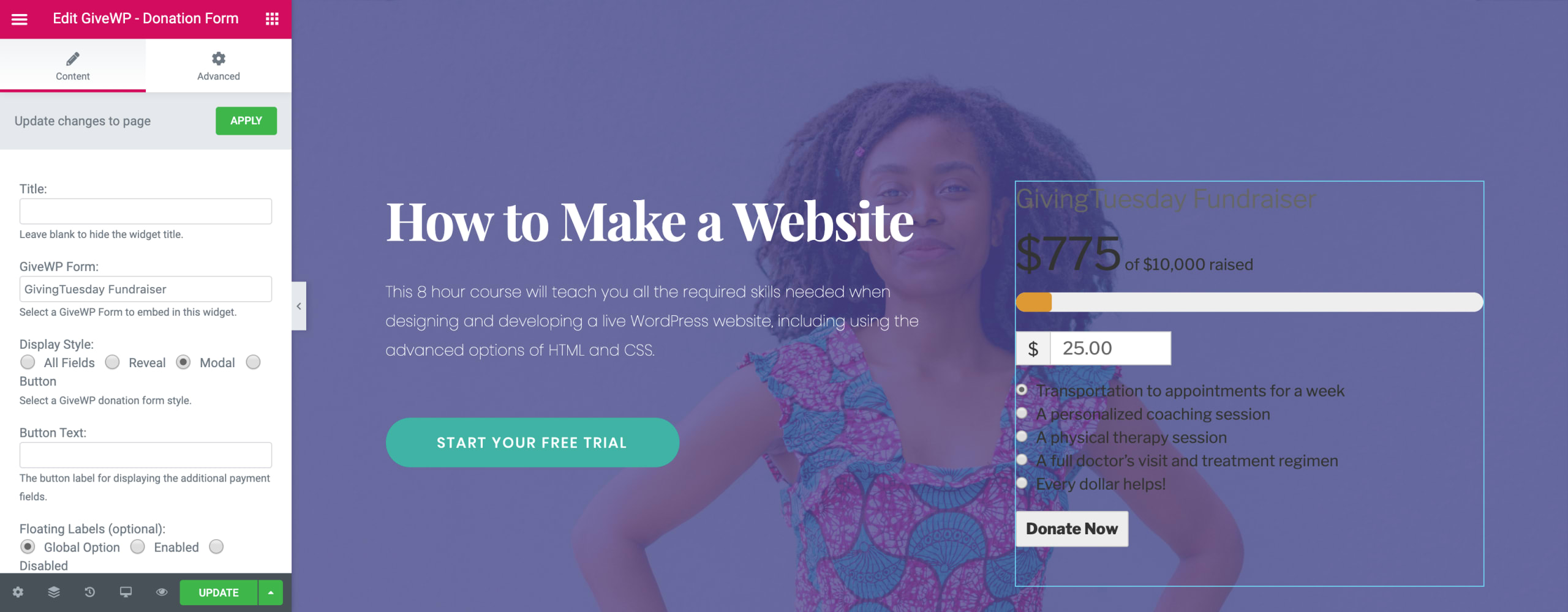 The donation form is embedded on the page but is unreadable because the font color is too dark for the image background.