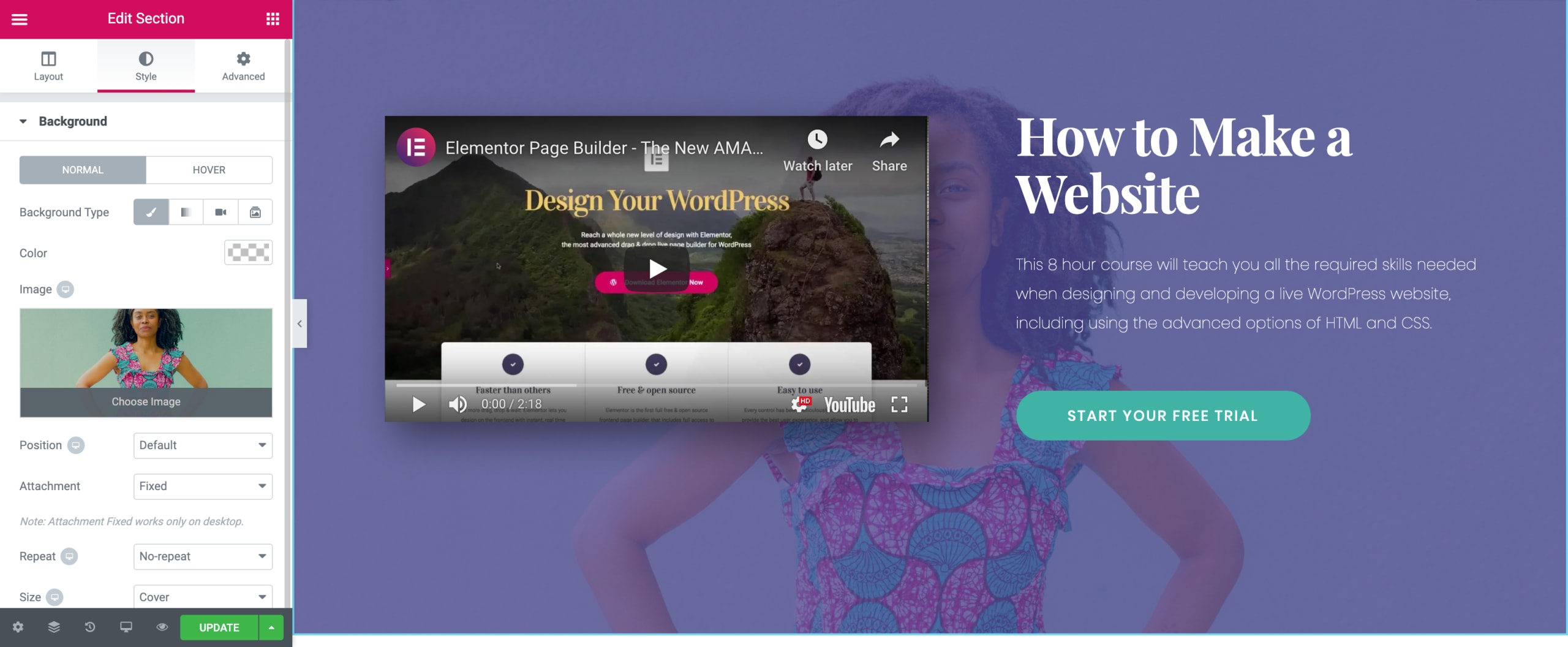 The image on the page changes immediately so you can see your edits as they will appear on the page.