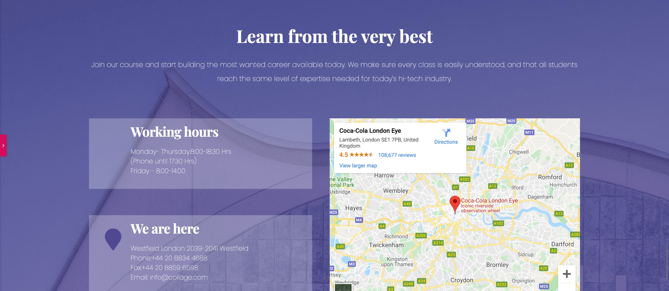 Our template starts out with a Google Map embed, working hours, and contact information.