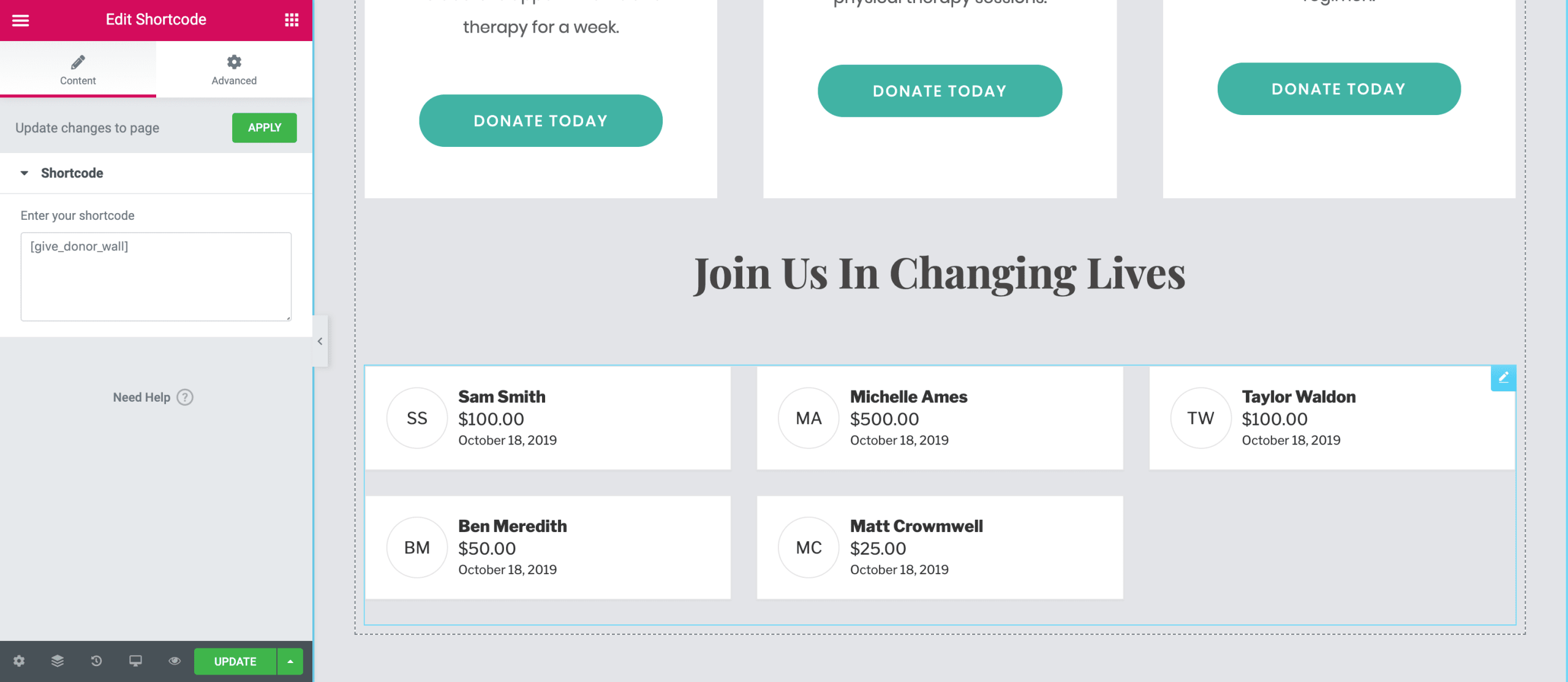 Your donor wall will show people who have given, how much they donated, and any comments they left.