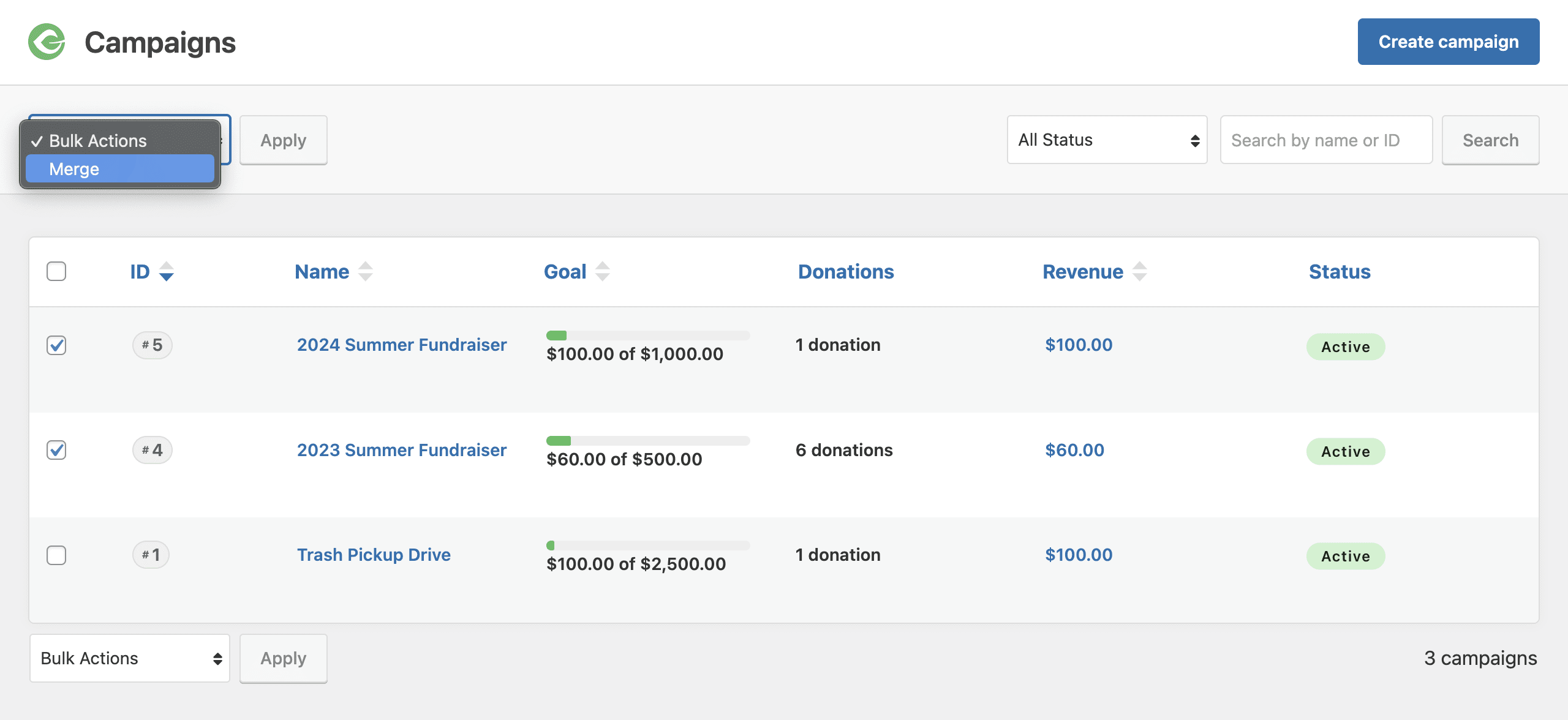 Campaigns list showing two campaigns checked that are to be merged into one from the Bulk Actions list.