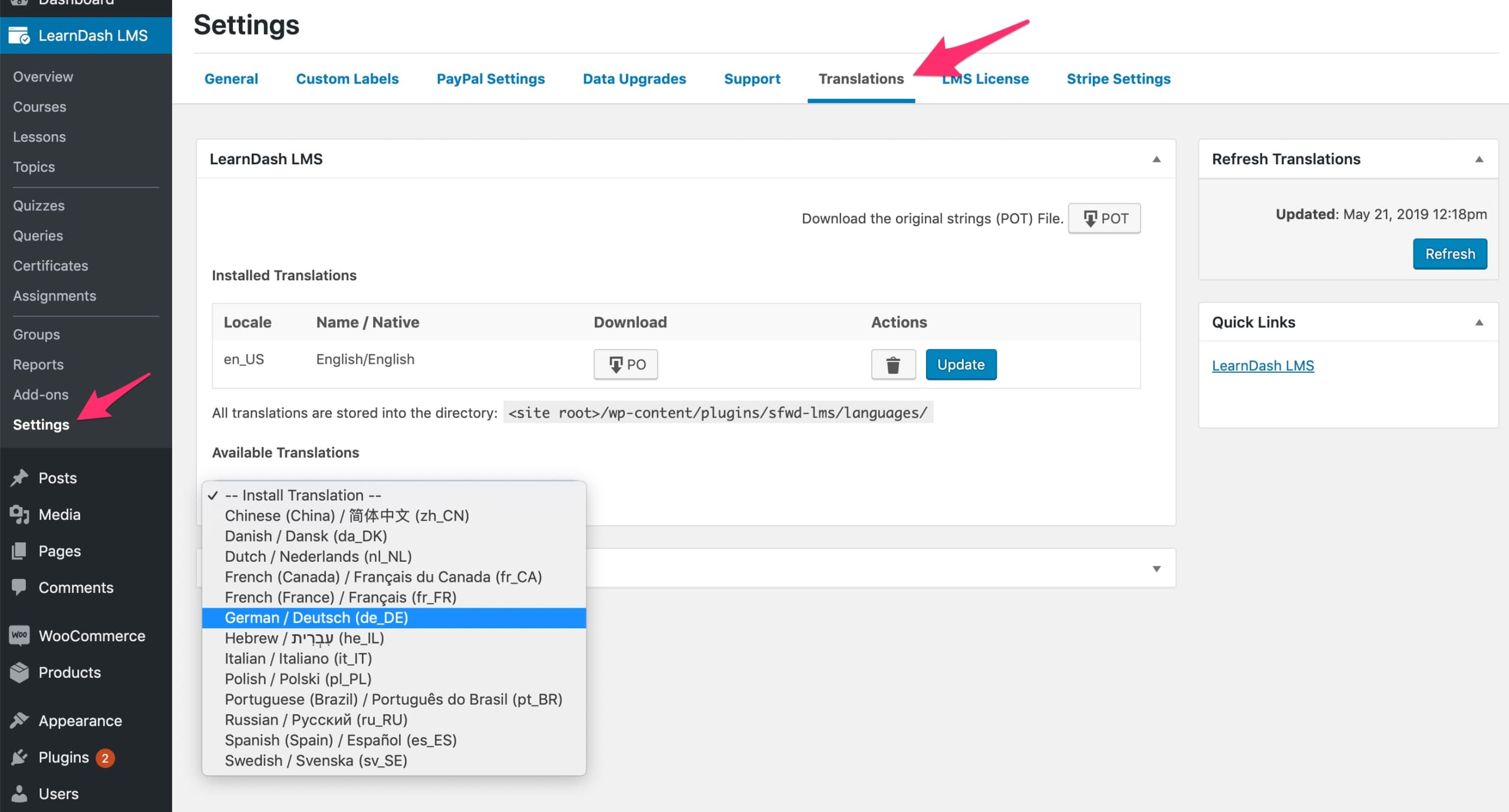 LearnDash admin translation settings
