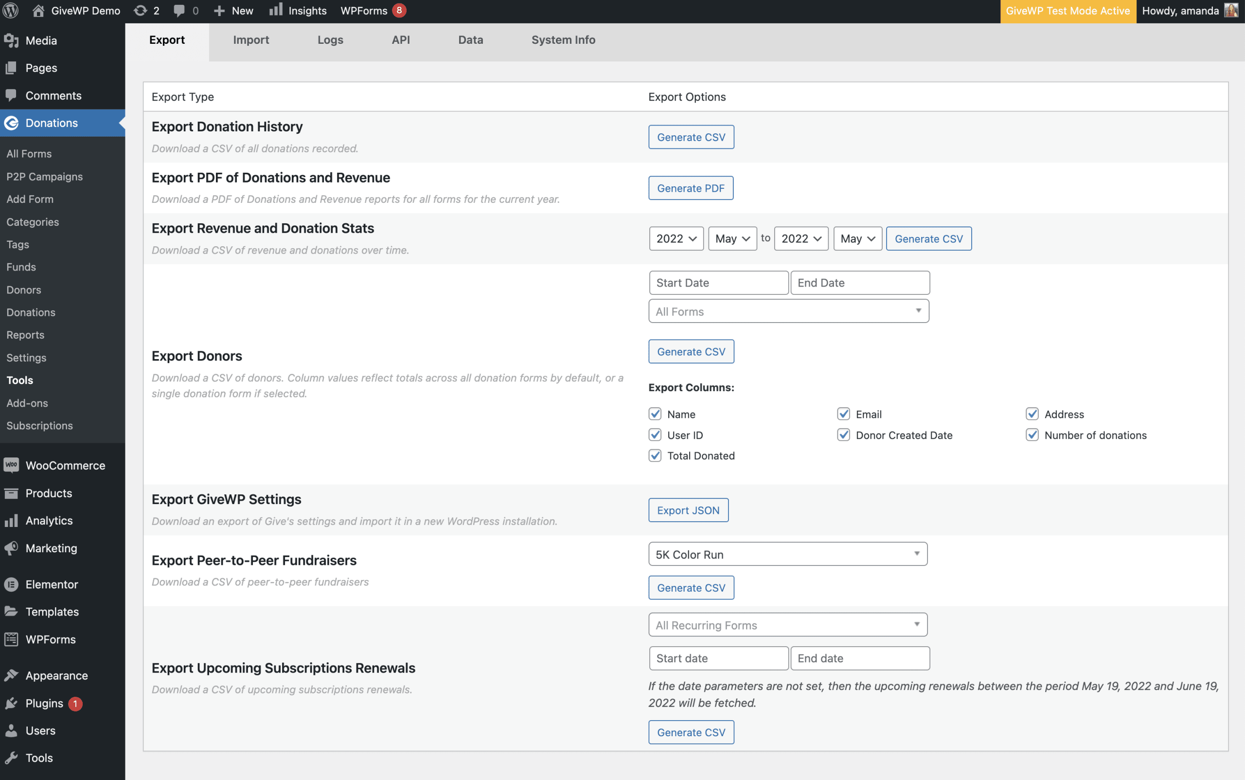 The GiveWP peer-to-peer export screen has a variety of settings you can use to export your fundraisers and team captains into a CSV file.