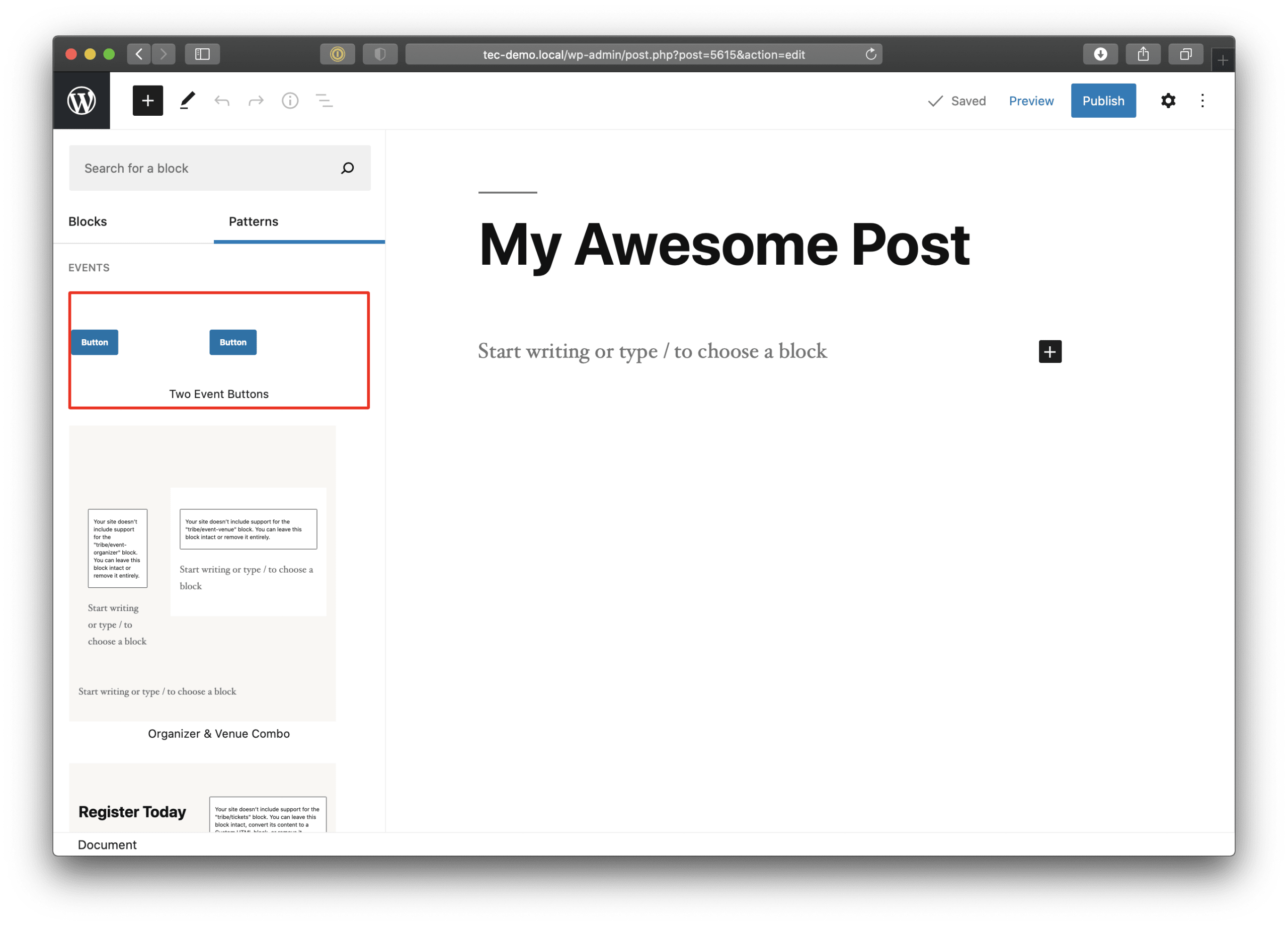 Showing the Two Buttons example pattern in the block inserter which is open to the left of the post content.