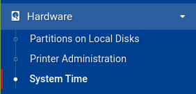 To manage hardware components using Webmin, click the Hardware top-level menu entry option found in the left navigation bar. Manage hardware components such as disk drives, printers, and system time by selecting the appropriate option from the list of menu entries under the Hardware option.