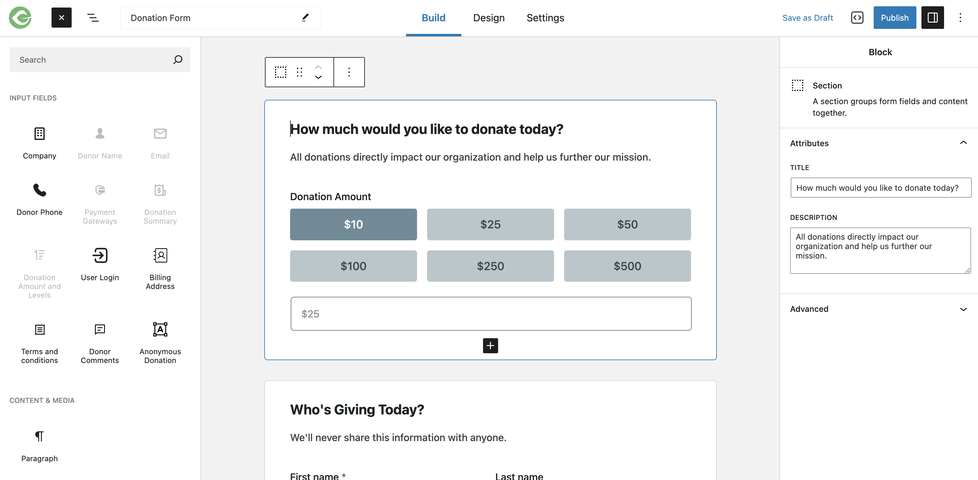 Build screen in the Visual Donation Form Builder showing the menu on the left side, a form block, and the form block editor on the right side