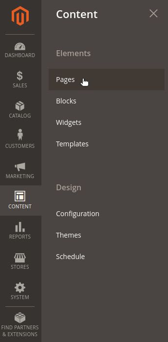 On the left-hand menu of your admin panel, go to Content. Then, select Pages, which you’ll find under Elements.