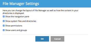 File Manager settings pop-up