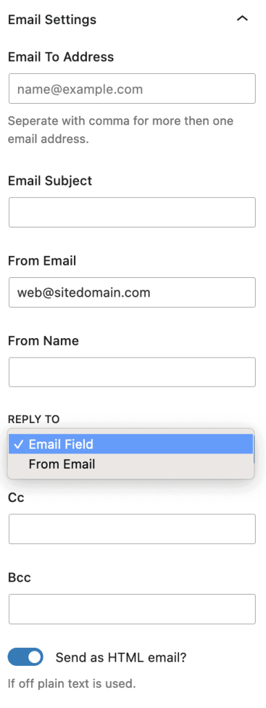 Screenshot detail of Kadence Form Block Email Settings.