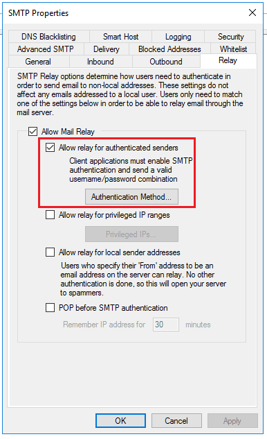 allow mail relay option highlighted