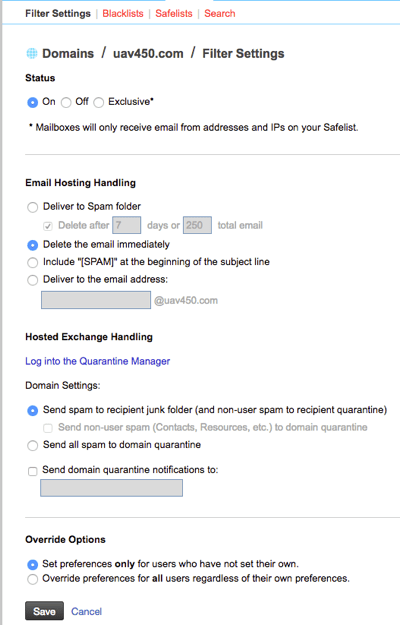 domain spam settings page