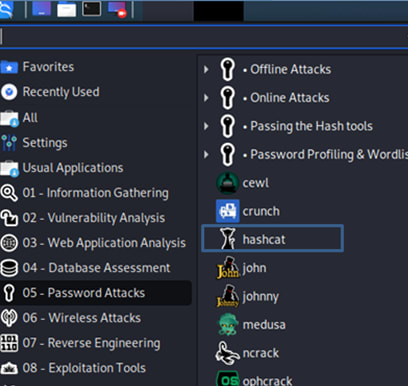The Hashcat tool is available under Password Cracking Tools.