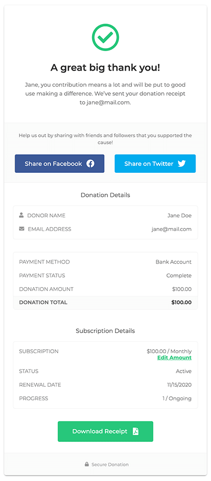 Plaid Stripe Bank Transfer Recurring Donation Confirmation