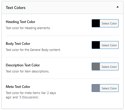 Screenshot of text color options