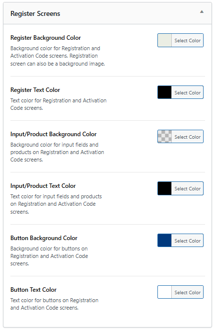 Screenshot of register screen options