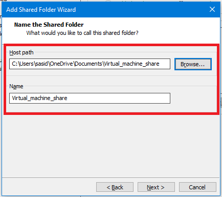 Add shared folder attributes for the VMware host machine.