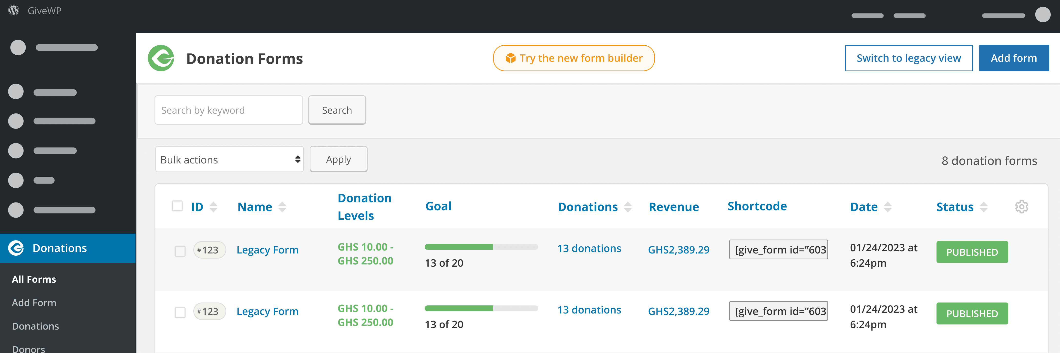 Donation Forms list page in the WordPress admin dashboard