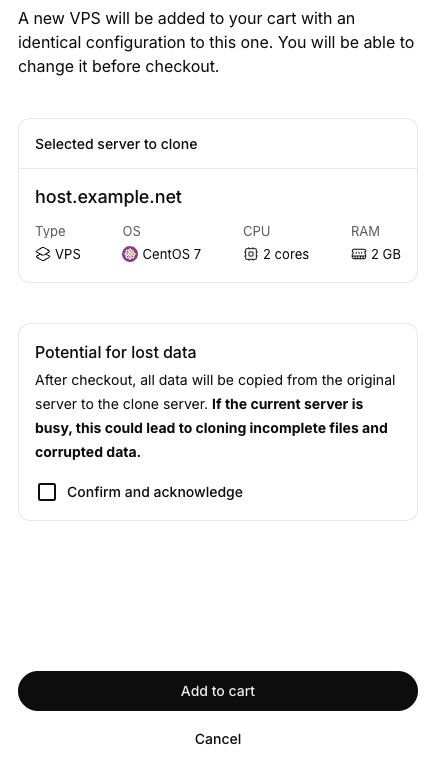 clone server dialog screen in portal.liquidweb.com
