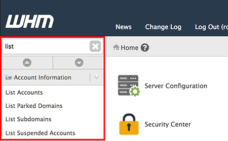 list account menu highlighted