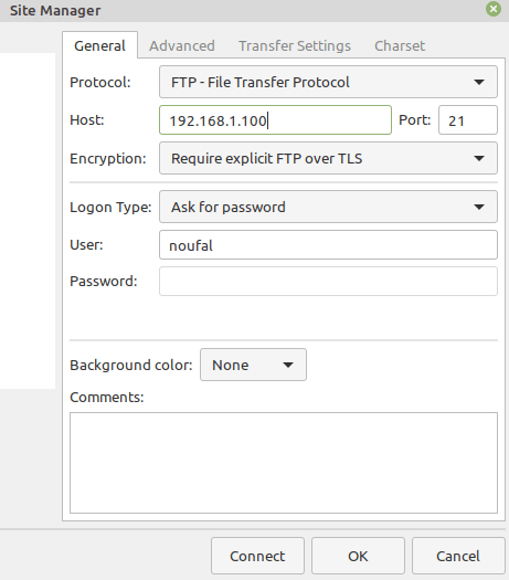 To access ProFTPD Server using TLS with FileZilla, go to File and click on Site Manager to enter the details per your requirements.
