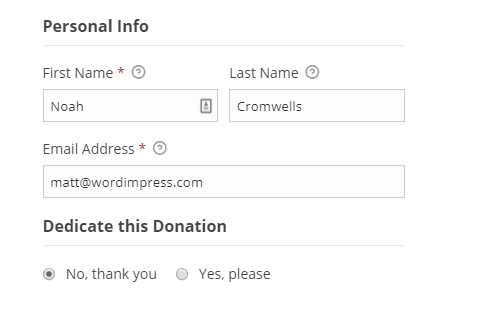 The Tributes fieldset in a Give donation form.
