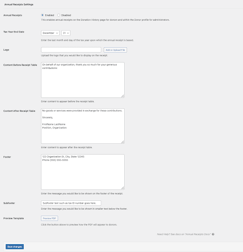 The settings page for Annual Receipts. Displays the end of year and multiple options to customize a receipt with a logo, an intro/outro, a footer, and more.