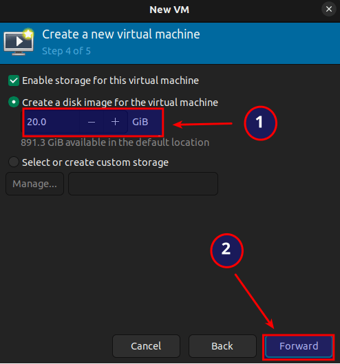Appropriate the local disk space for the VM.