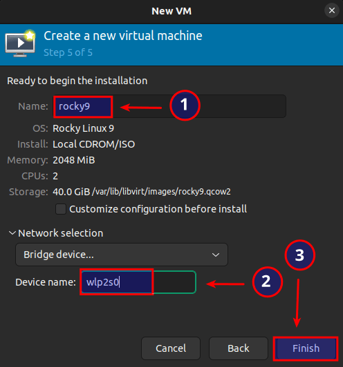 Establish a name for the VM, specify the device name interface, and then click the Finish button to complete the setup.