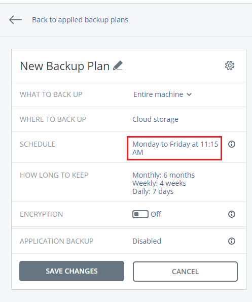 backup plan schedule link highlighted
