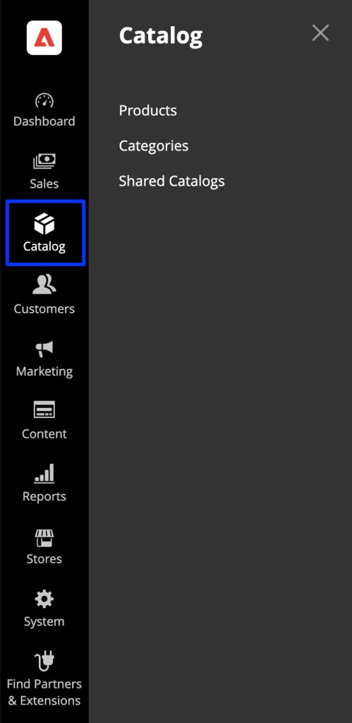 Here’s the catalog section of the admin area.