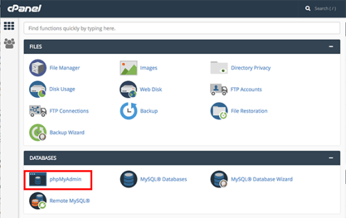 phpmyadmin link highlighted