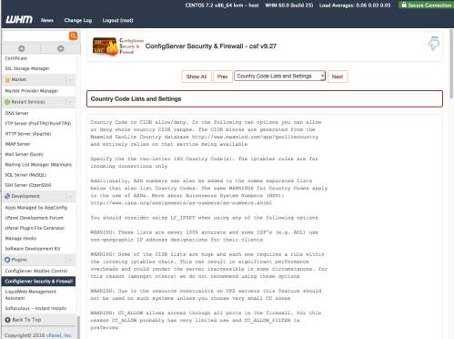 country code lists and settings page