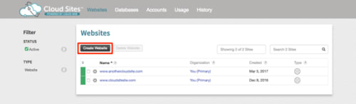 create website button highlighted