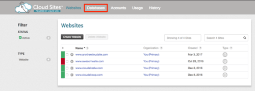 databases link highlighted in menu