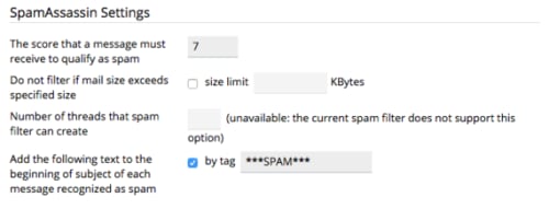 spam assassin settings page