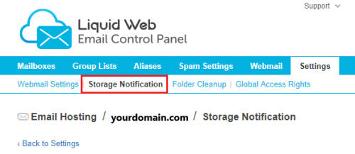 storage notification link highlighted