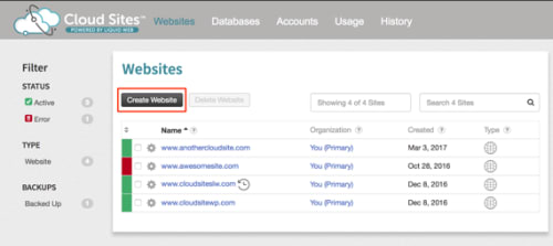 create new site button highlighted