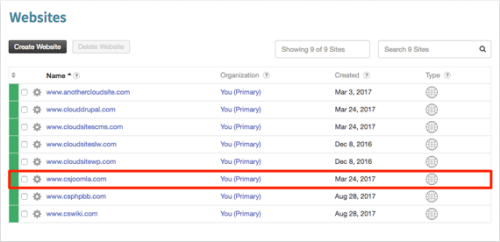 joomla site highlighted in website list