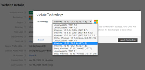 cloud sites technology upgrade screenshot