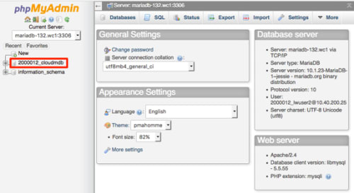 database name highlighted to click to open