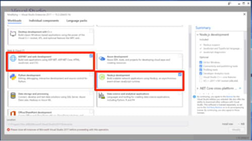 aspnet and nodejs development boxes checked and highlighted