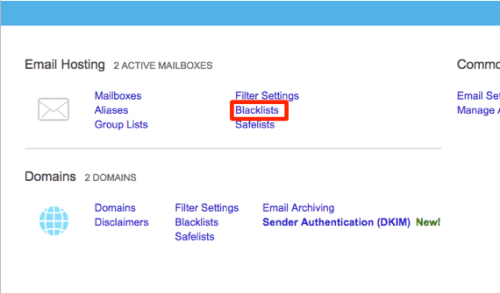 blacklist link highlighted in email section