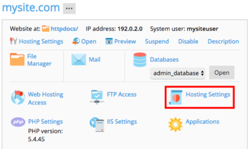 hosting settings link highlighted