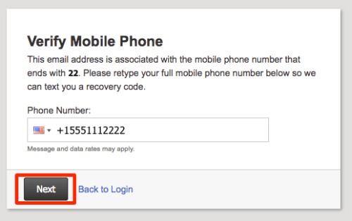 phone entered and next button highlighted