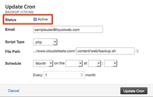 active check box highlighted